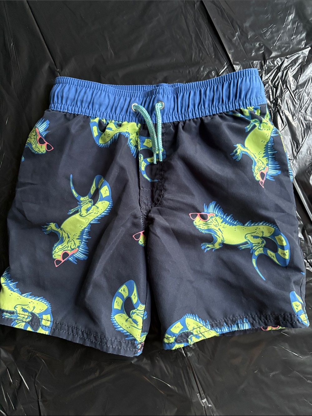 Boys Navy Swim Trunks with Neon Green Iguana Print